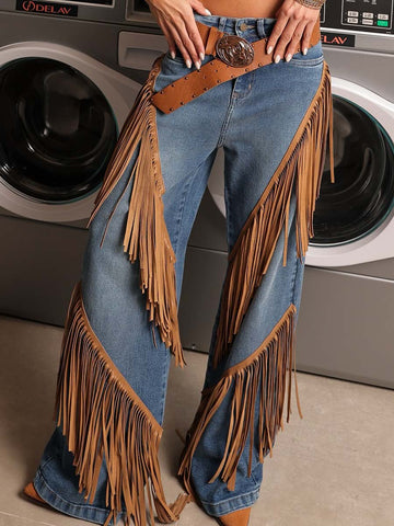 Denim Wide Leg Fringe Jeans