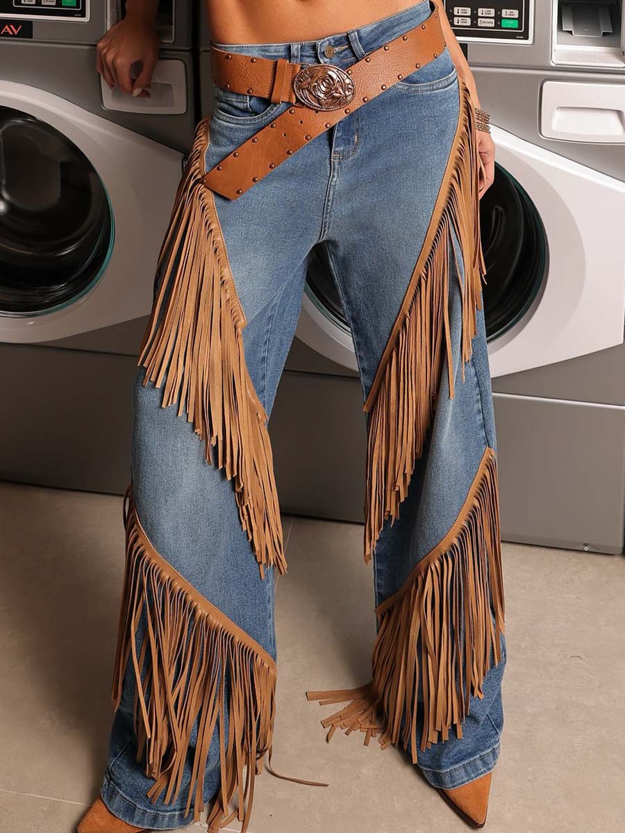 Denim Wide Leg Fringe Jeans
