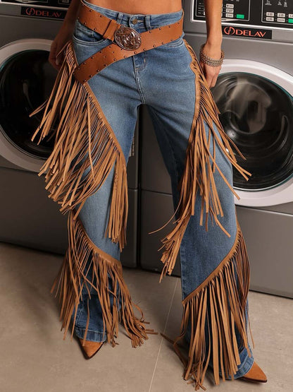Denim Wide Leg Fringe Jeans