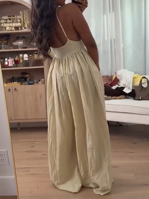 Strap Plunge Front Dropped Waist Ruched Wide Leg Jumpsuit