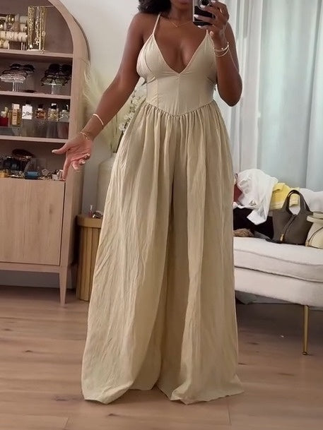Strap Plunge Front Dropped Waist Ruched Wide Leg Jumpsuit