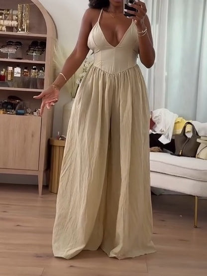 Strap Plunge Front Dropped Waist Ruched Wide Leg Jumpsuit