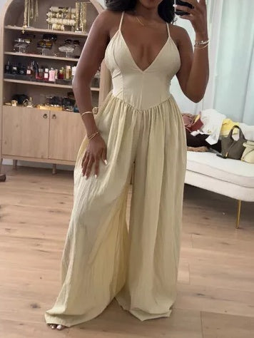 Strap Plunge Front Dropped Waist Ruched Wide Leg Jumpsuit