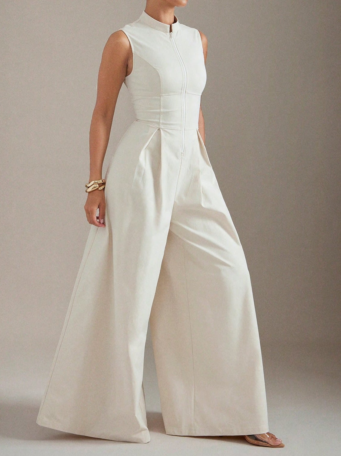 Wide Leg Zip Front Sleeveless Jumpsuit