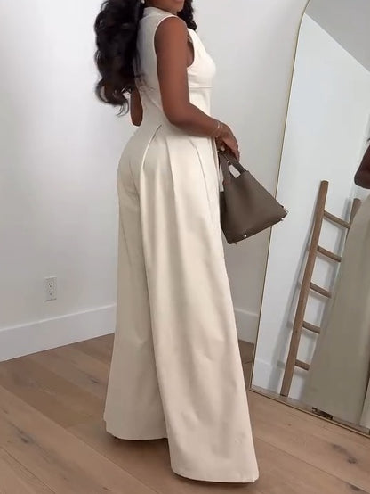 Wide Leg Zip Front Sleeveless Jumpsuit
