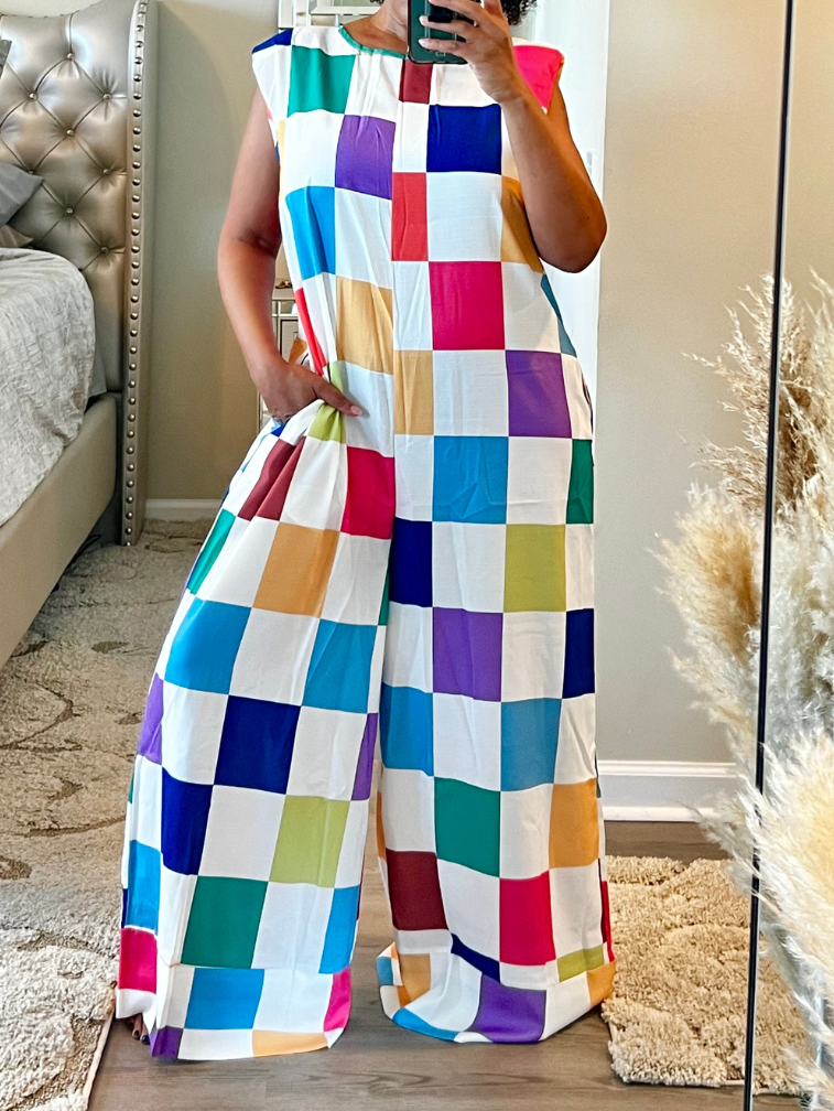 Fashion Check Color Stitching Jumpsuit