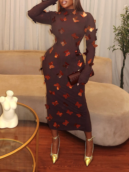 3D Butterfly Brown Long Sleeve Midi Dress