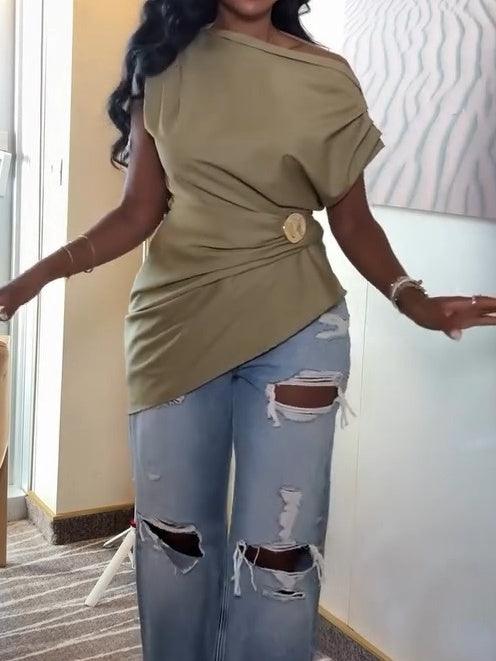 Fashion Shoulder Pleated Solid Color Top
