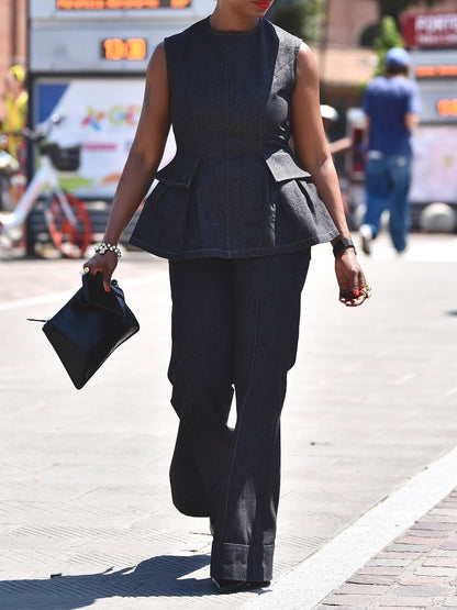 Backless Denim Peplum Two Pieces Set