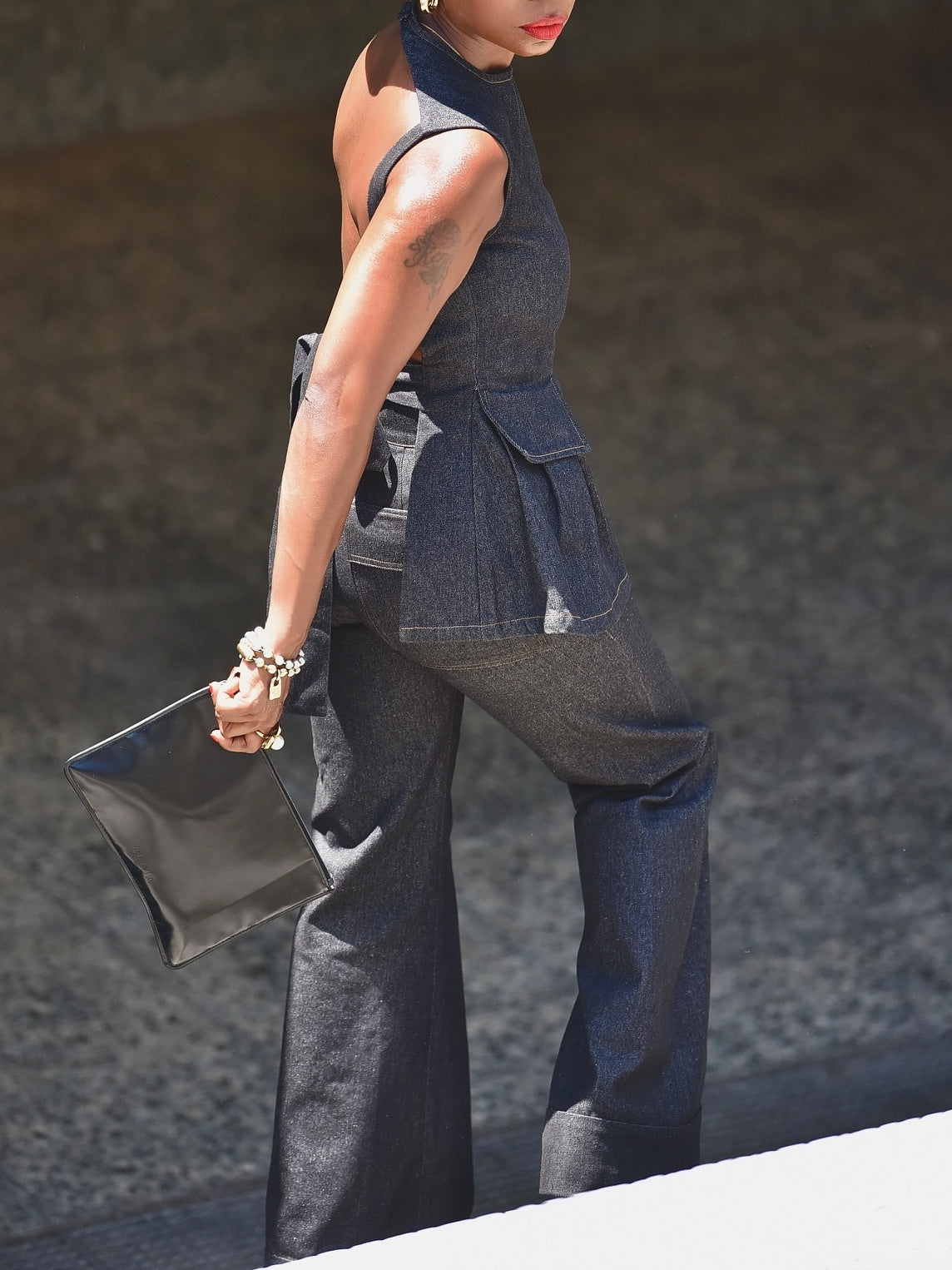 Backless Denim Peplum Two Pieces Set
