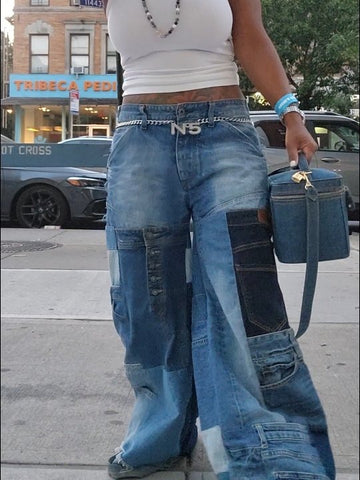 Patchwork Wide Leg Denim Jeans