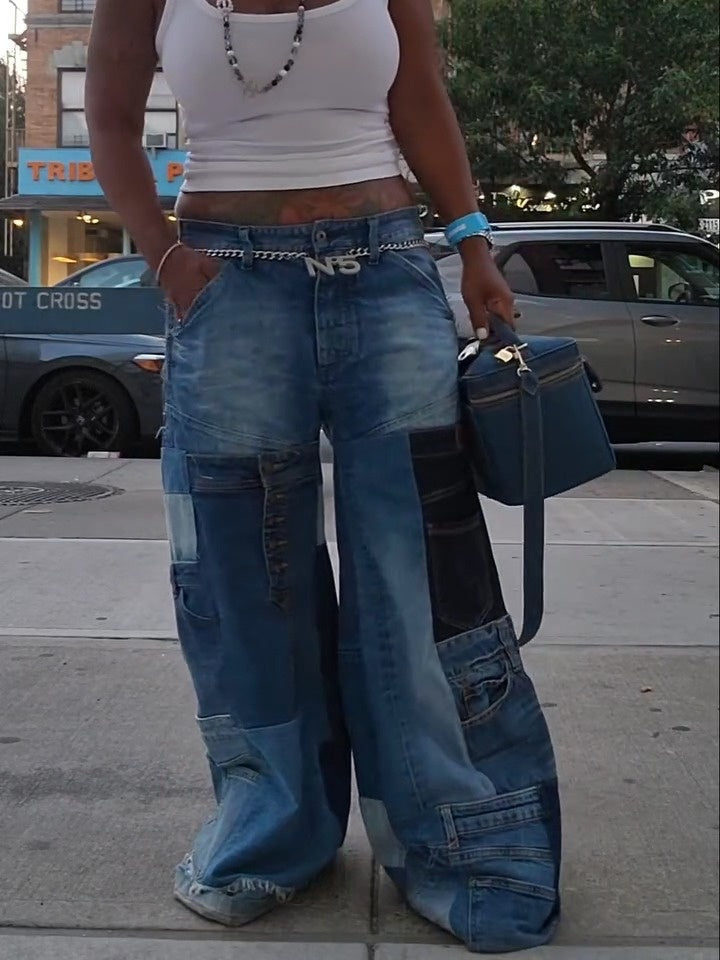 Patchwork Wide Leg Denim Jeans