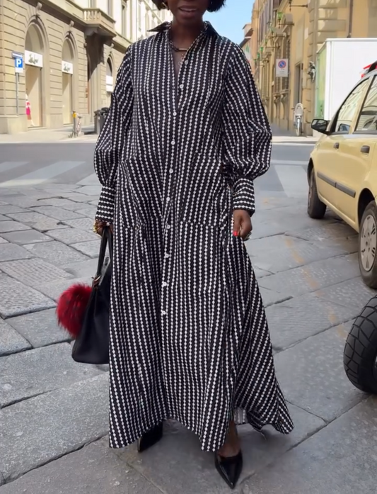 Maxi Flared Shirt Dress In Black&White Diamond Stripes
