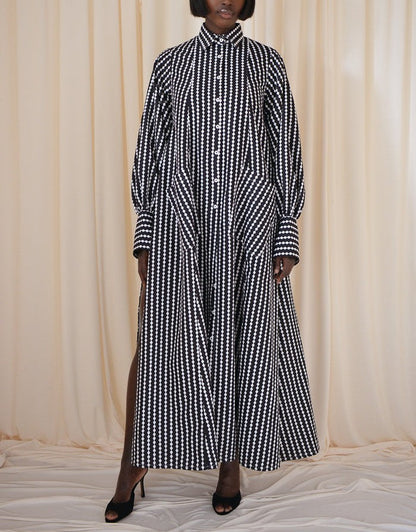 Maxi Flared Shirt Dress In Black&White Diamond Stripes