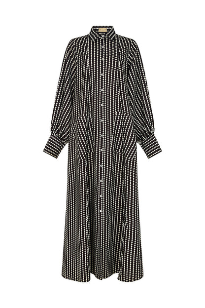 Maxi Flared Shirt Dress In Black&White Diamond Stripes
