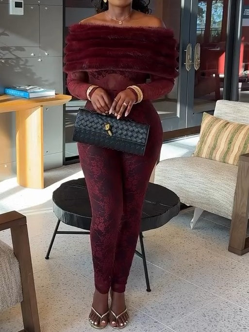 Lace Off Shoulder Faux Fur Jumpsuit