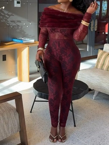 Lace Off Shoulder Faux Fur Jumpsuit