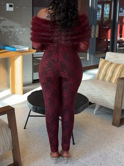 Lace Off Shoulder Faux Fur Jumpsuit