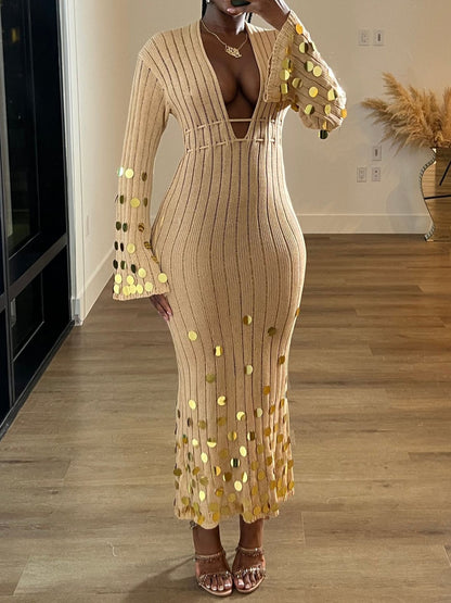 Camel Sequin Slim Dress