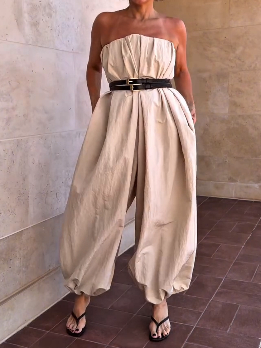 Loose Pleated Solid Color Jumpsuit