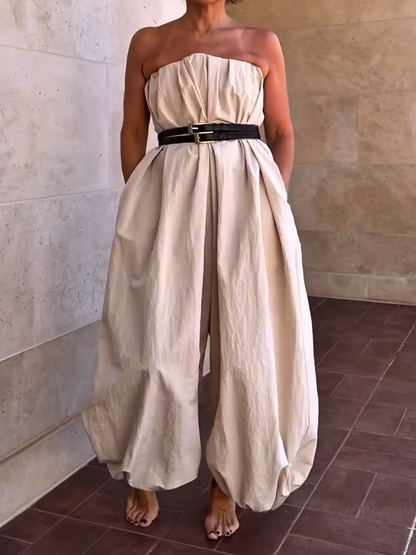 Loose Pleated Solid Color Jumpsuit