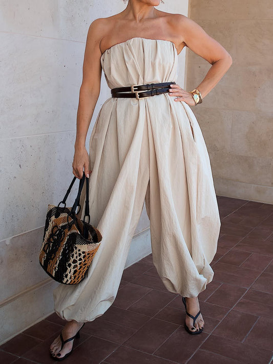 Loose Pleated Solid Color Jumpsuit