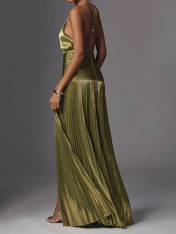 Pleated Metallic Halter Maxi Dress