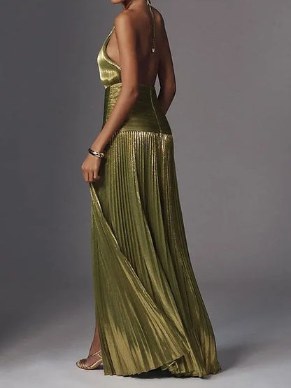 Pleated Metallic Halter Maxi Dress