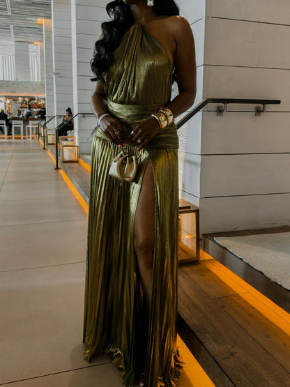 Pleated Metallic Halter Maxi Dress
