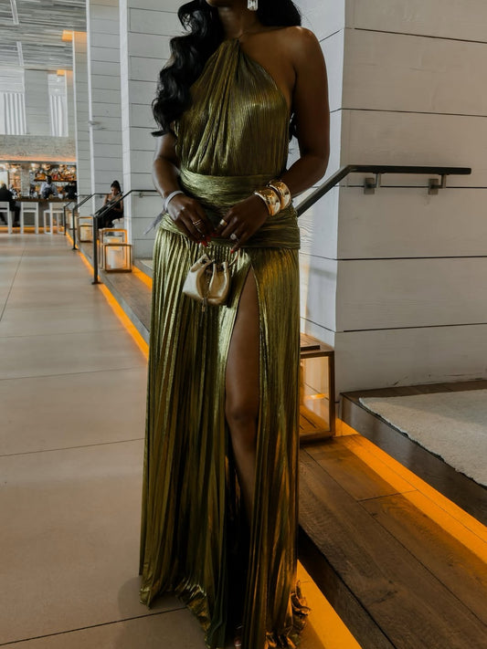Pleated Metallic Halter Maxi Dress