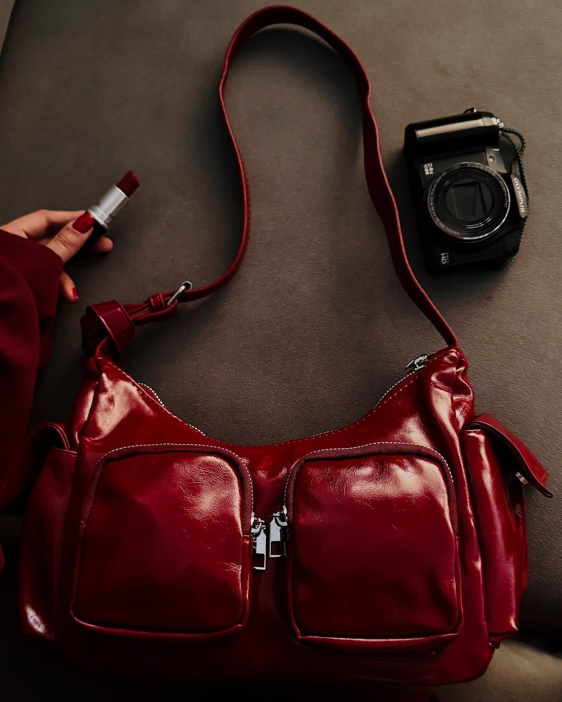 Multi-Pocket Sling Bag In Red