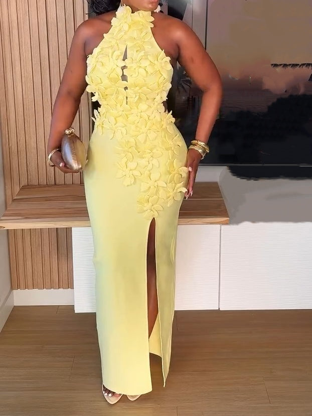 Floral 3D Hollow Backless High Slit Dress