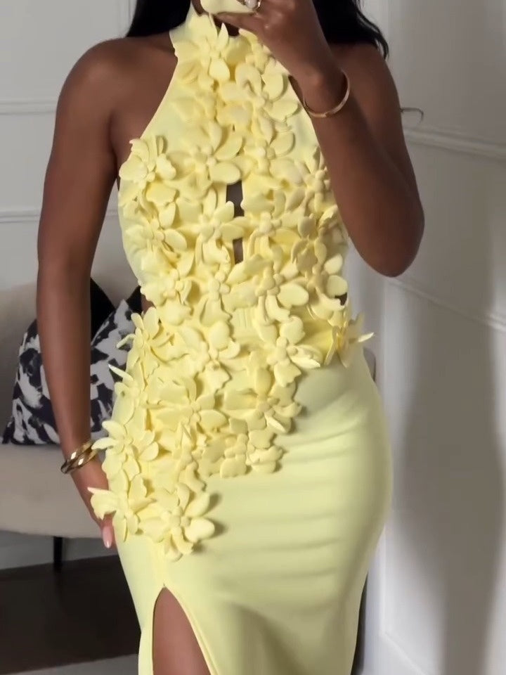 Floral 3D Hollow Backless High Slit Dress