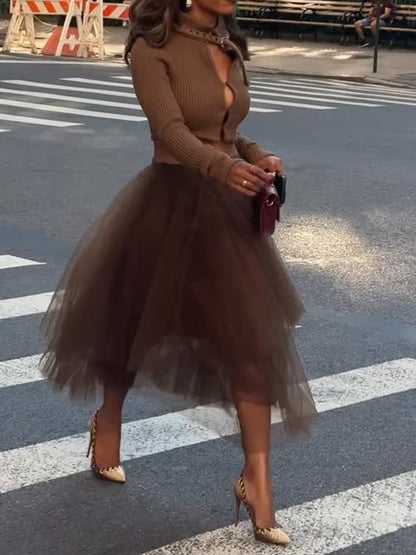 Skinny Knitted Cardigan + Elasticated-waistband Tulle Skirt