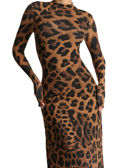 Leopard Print Long Sleeve Maxi Dress