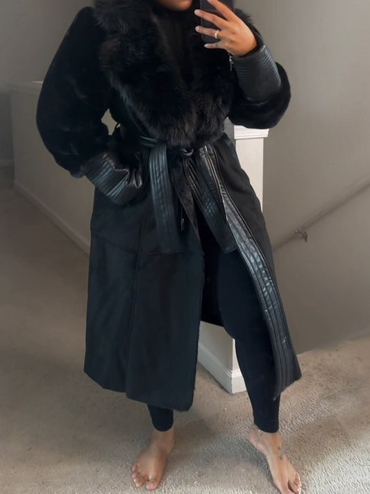Black Vegan Fur Trim Black Vegan Leather Coat