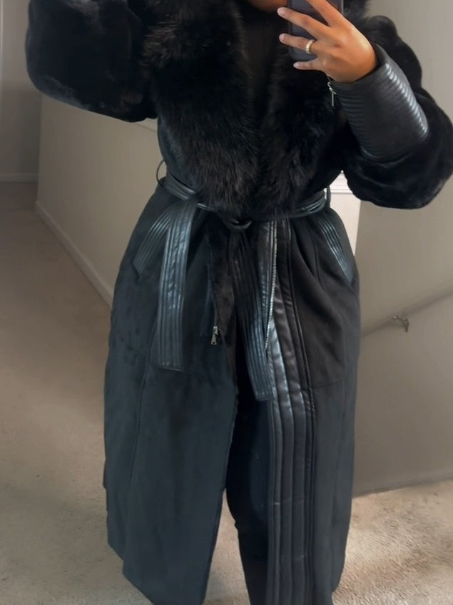 Black Vegan Fur Trim Black Vegan Leather Coat