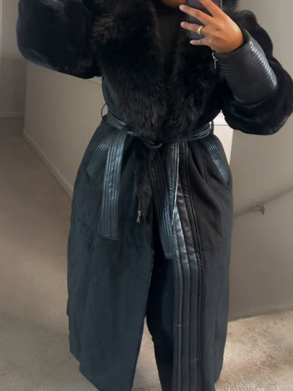 Black Vegan Fur Trim Black Vegan Leather Coat