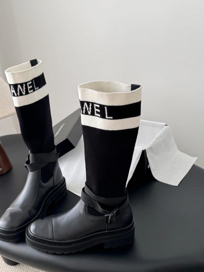 Black And White Technical Knit With Black Calfskin Boot