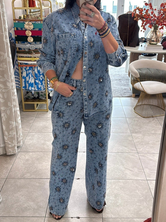 Rhinestone Sparkle Flower Print Denim Two Pieces Set