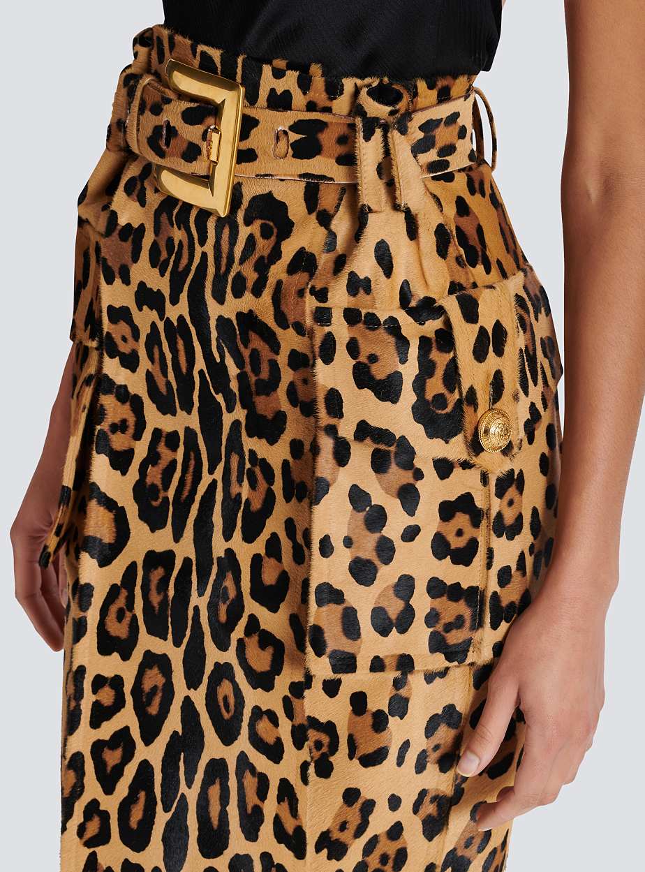 Leopard Pattern Ponyskin-style Leather Midi Skirt