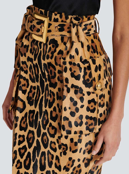 Leopard Pattern Ponyskin-style Leather Midi Skirt