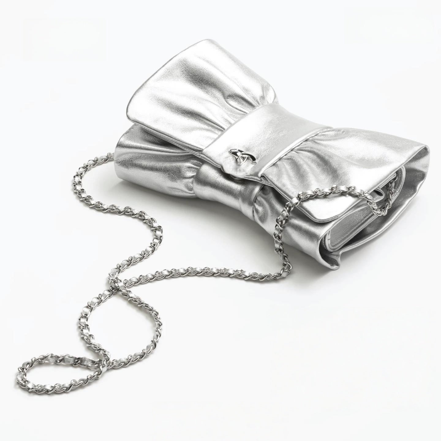 Metallic Lambskin Silver Clutch