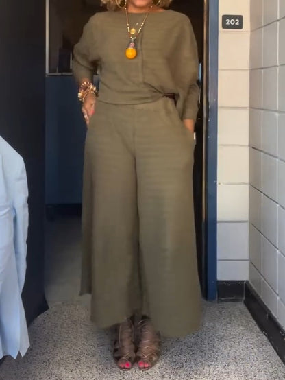 Casual Short Sleeve Pullover Tops And Drawstring Wide Leg Pants