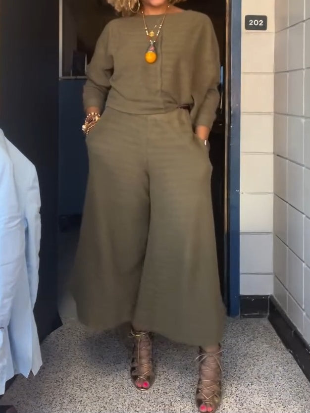 Casual Short Sleeve Pullover Tops And Drawstring Wide Leg Pants