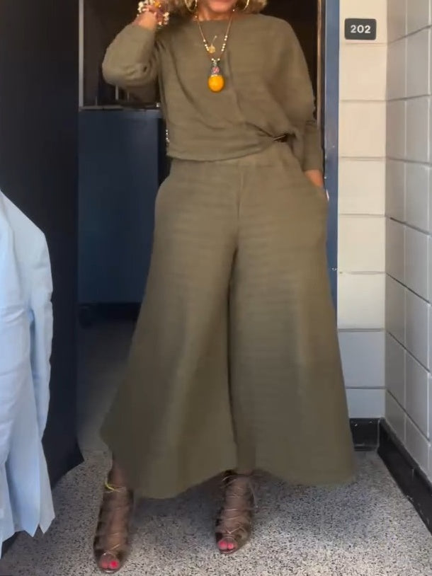 Casual Short Sleeve Pullover Tops And Drawstring Wide Leg Pants