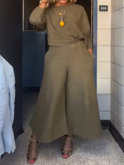 Casual Short Sleeve Pullover Tops And Drawstring Wide Leg Pants