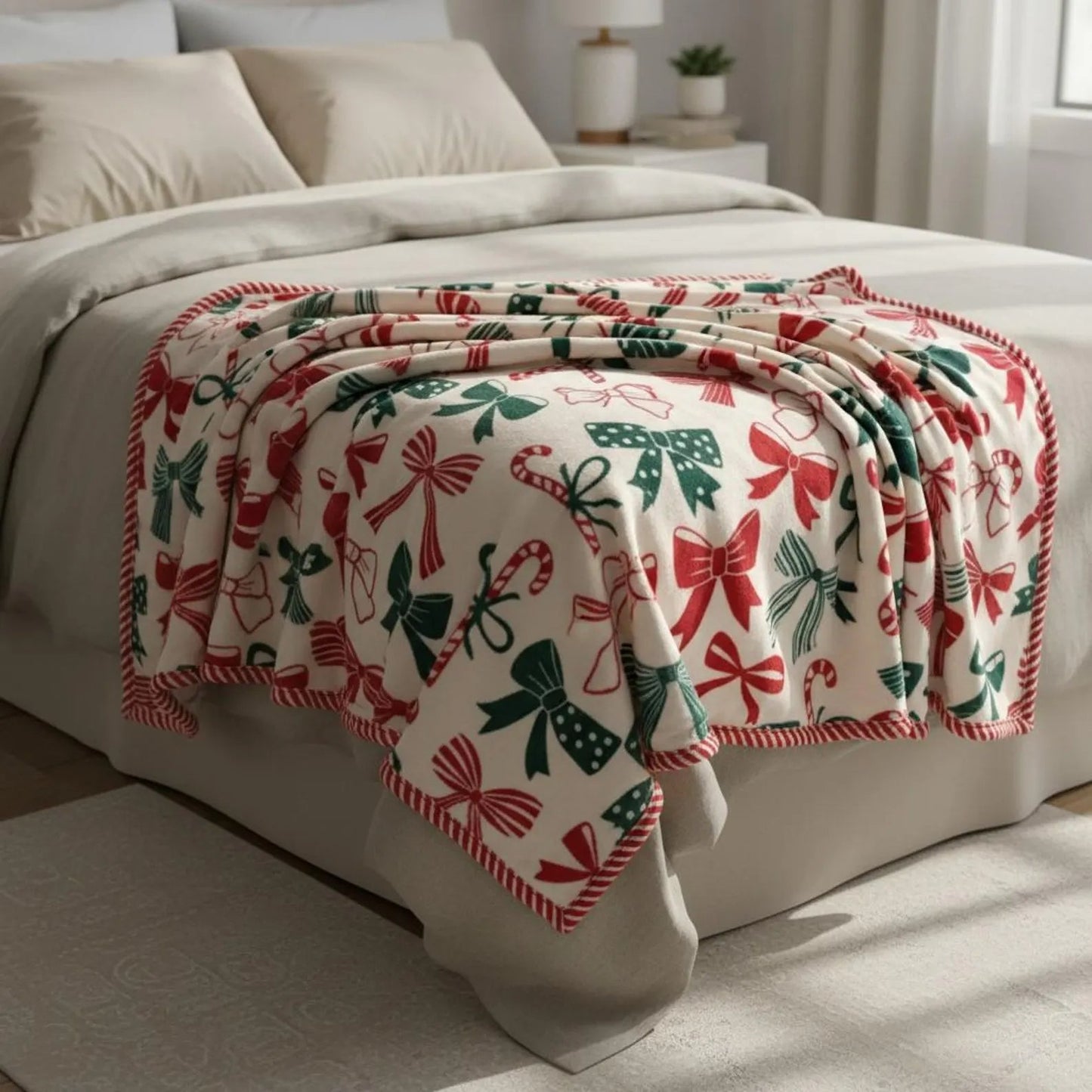 Winter Themed Blanket With Candy Canes And Bows