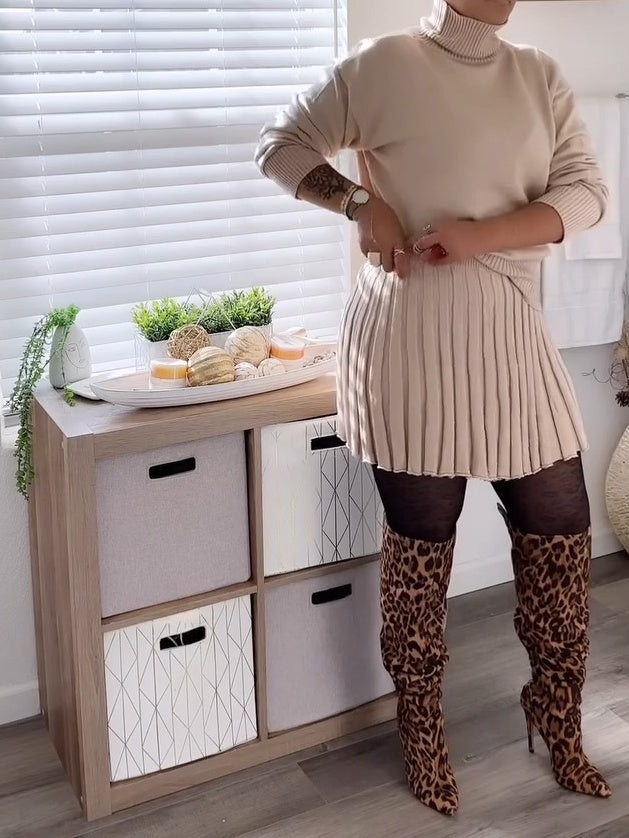 Long Sleeve Oversized Pullover Sweaters And Pleated Mini Skirt