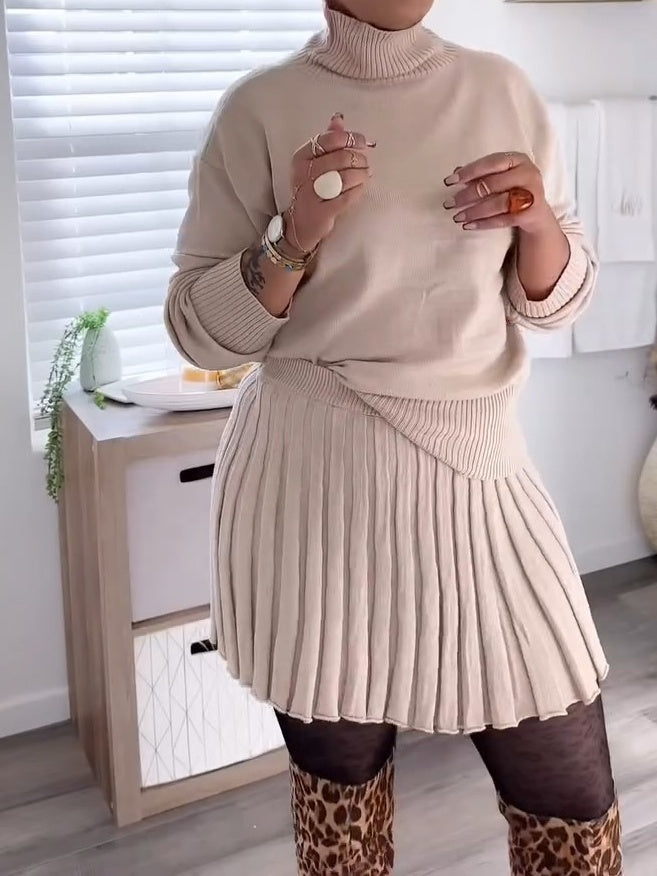 Long Sleeve Oversized Pullover Sweaters And Pleated Mini Skirt